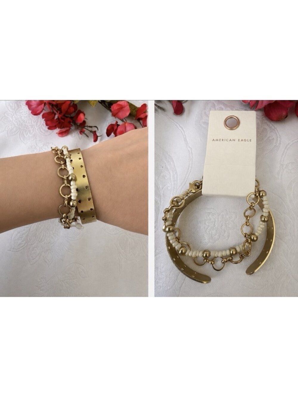 American Eagle Bangle Thin Cream Seed Bead Gold-Tone Bracelet Set of 3 Stack NEW